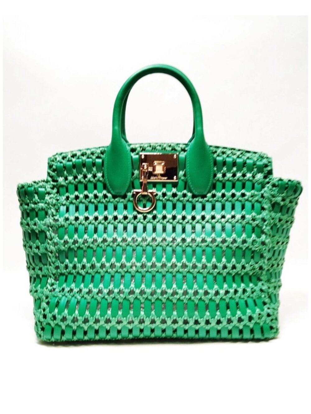 Authentic Salvatore Ferragamo Studio Woven Leather Tote Bag Green Gancini Luxury - Picture 2 of 16